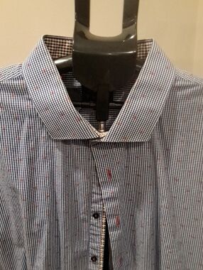Men's Blue Micro-Check Button-Down Shirt with Red Accent